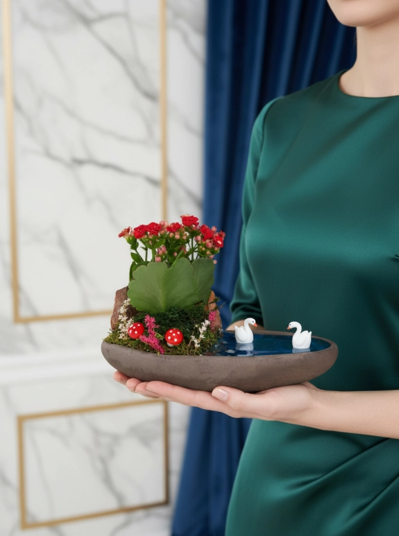 Dekor Saksıda Kırmızı Kalanchoe Teraryum