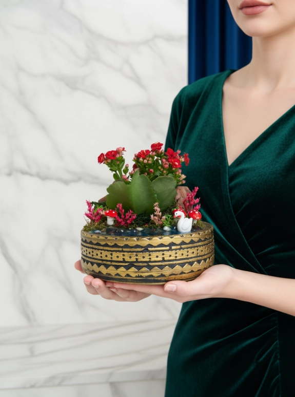 Ring Saksıda Kırmızı Kalanchoe Teraryum