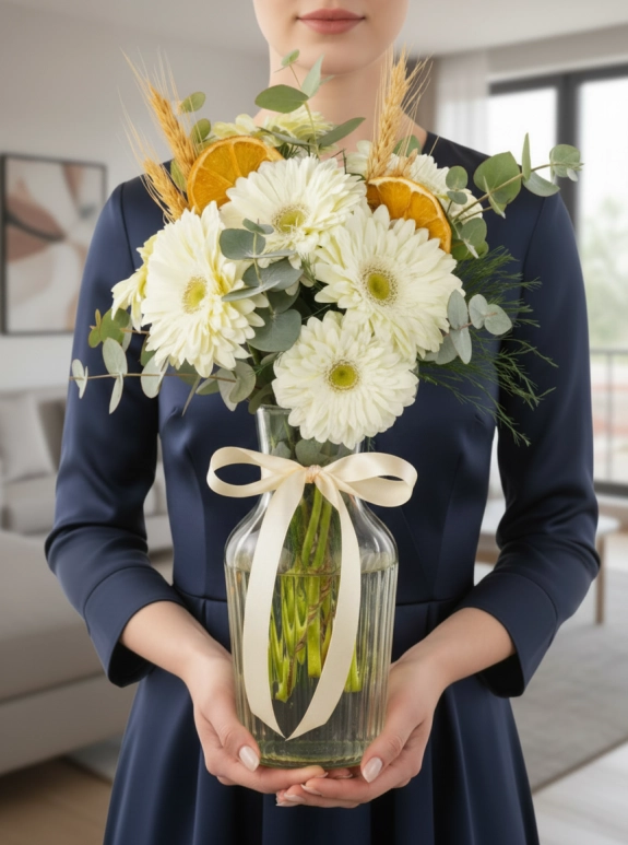 Sürahi Cam Vazoda Beyaz Gerbera