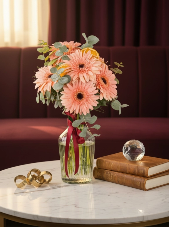 Sürahi Cam Vazoda Pembe Gerbera